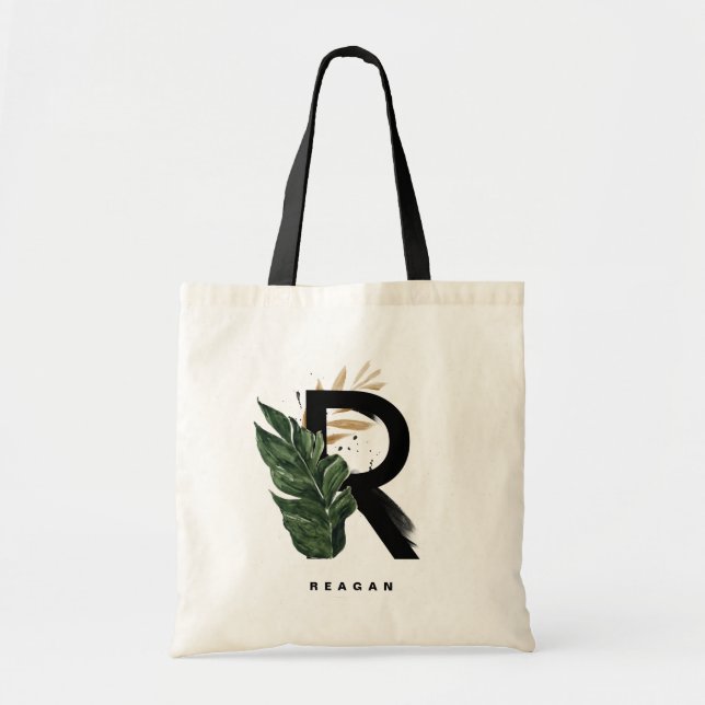 Bolsa Tote Monograma de Folhas de Palmeira da Letra R Tropica (Frente)