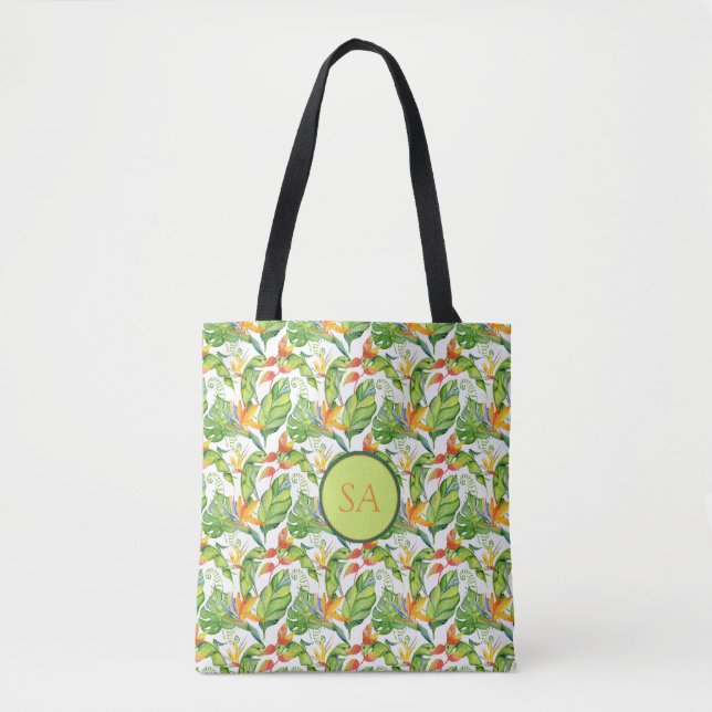 Bolsa Tote Monograma de Folhas Tropicais de Monstera em Aquar (Frente)