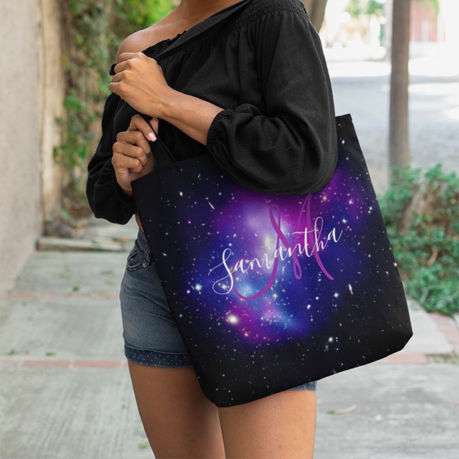 Bolsa Tote Monograma de Foto Espacial Celestial Roxa (Purple Celestial Photo Monogram Tote Bag)