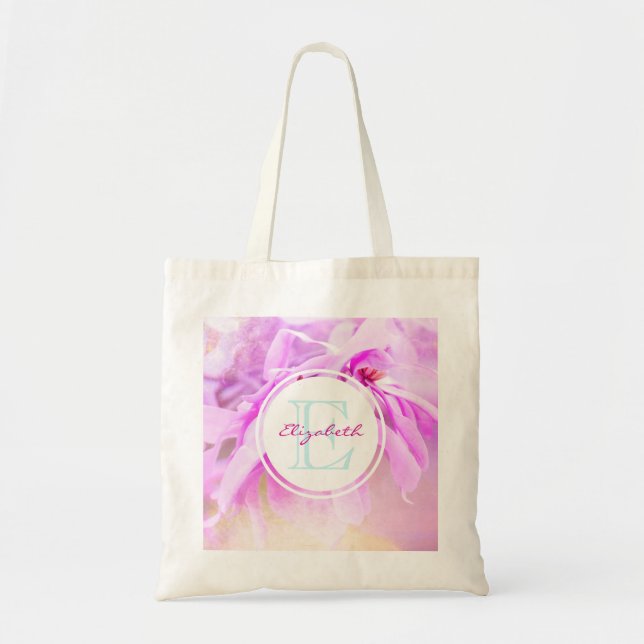 Bolsa Tote Monograma de Fotografia da Flor Rosa bonito (Frente)