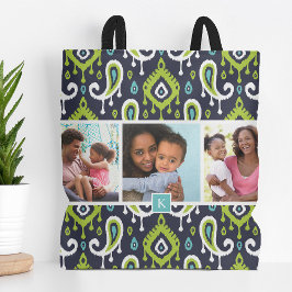 Bolsa Tote Monograma de fotos da família Ikat Paisley, marinh