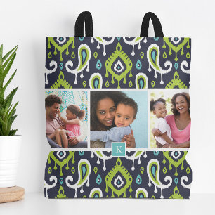 Bolsa Tote Monograma de fotos da família Ikat Paisley, marinh
