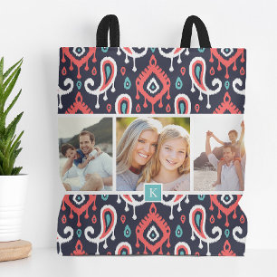 Bolsa Tote Monograma de fotos da família Ikat Paisley, marinh