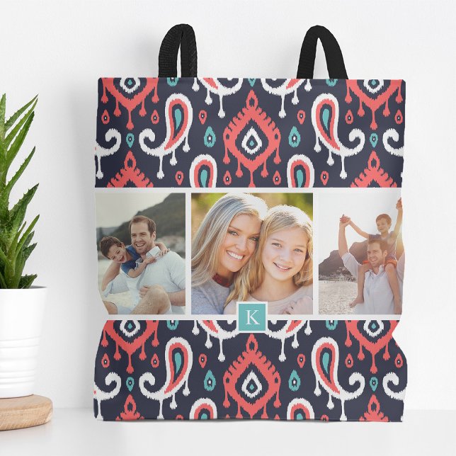 Bolsa Tote Monograma de fotos da família Ikat Paisley, marinh (Criador carregado)