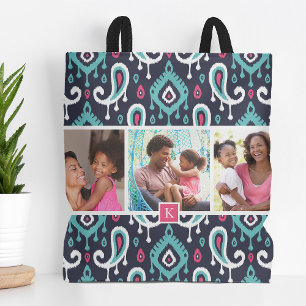 Bolsa Tote Monograma de fotos da família Ikat Paisley, marinh