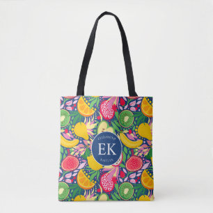 Bolsa Tote Monograma de Frutas Tropicais em Aquarela Padrão d