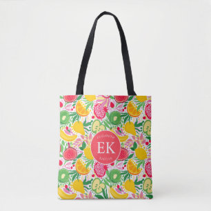 Bolsa Tote Monograma de Frutas Tropicais em Aquarela Padrão d