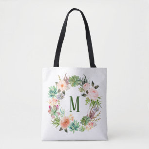Bolsa Tote Monograma de grinalda floral de suculentas em aqua