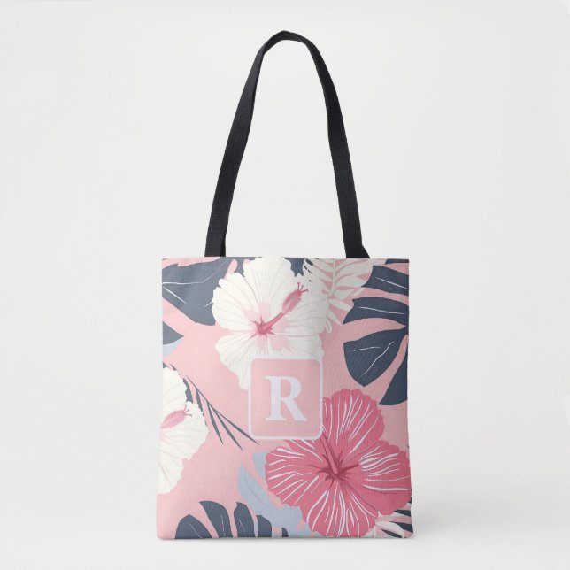 Bolsa Tote Monograma de Hibiscus Tropical personalizado (Frente)