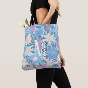 Bolsa Tote Monograma de Ilustração Floral Cor-de-Rosa Azul Te