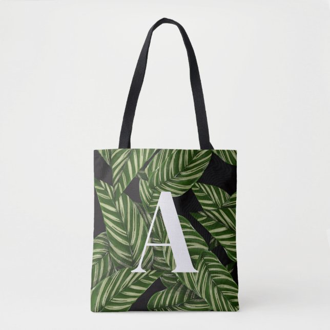 Bolsa Tote Monograma de Impressão de Planta de Folha Tropical (Frente)