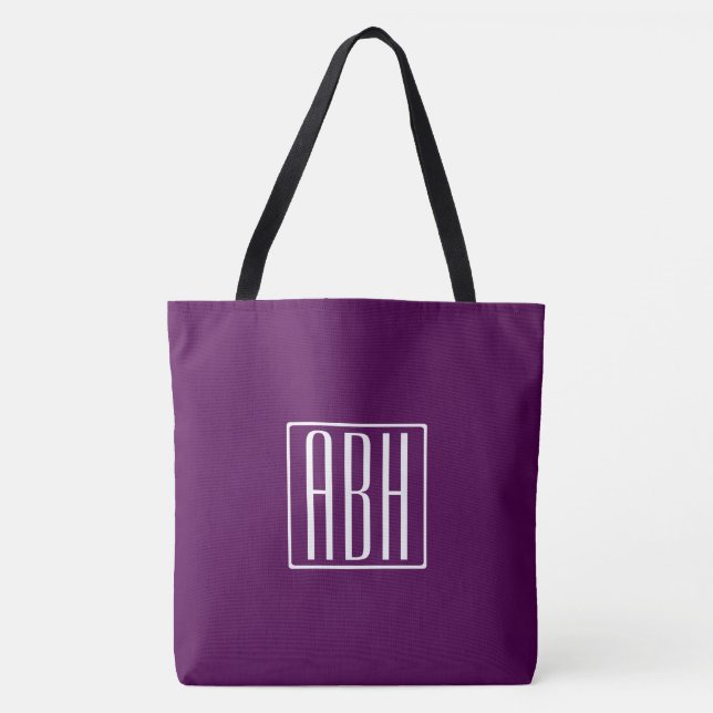 Bolsa Tote Monograma de Iniciais | Branco Sobre Roxo Profundo (Frente)