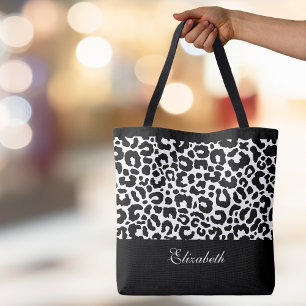 Bolsa Tote Monograma de leopardo moderno preto e branco Chic