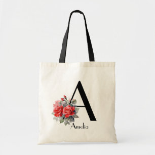 Bolsa Tote Monograma de letra A com rosa vermelha em aquarela