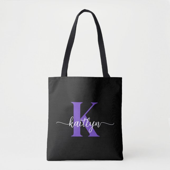 Bolsa Tote Monograma de Letra Cursiva Roxa Preta (Frente)