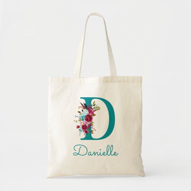 Bolsa Tote Monograma de Letra Floral D em Caligrafia Teal Ros (Frente)