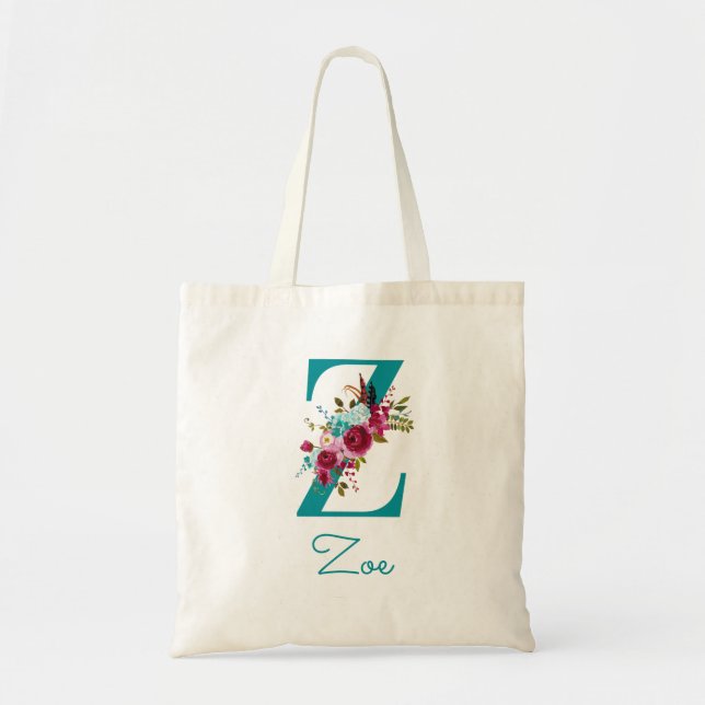 Bolsa Tote Monograma de Letra Floral Z Script Teal Rosa (Frente)
