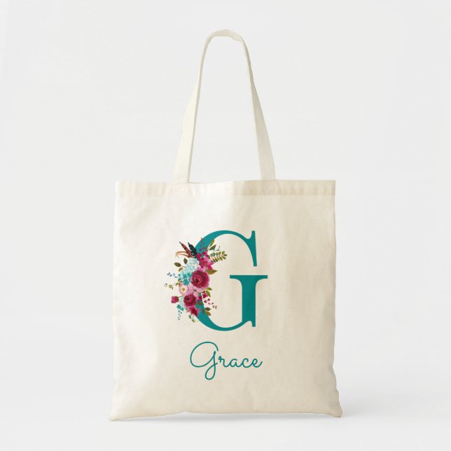 Bolsa Tote Monograma de letra G em script floral rosa azulado (Frente)
