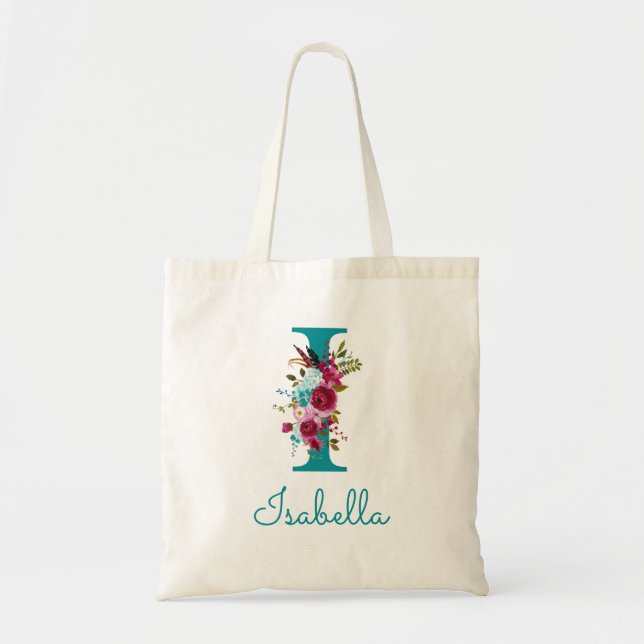 Bolsa Tote Monograma de letra I em script com flores em tons  (Frente)