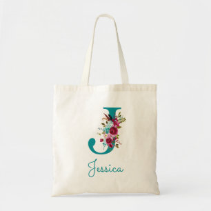 Bolsa Tote Monograma de Letra J em Script Floral Rosa Azul Tu