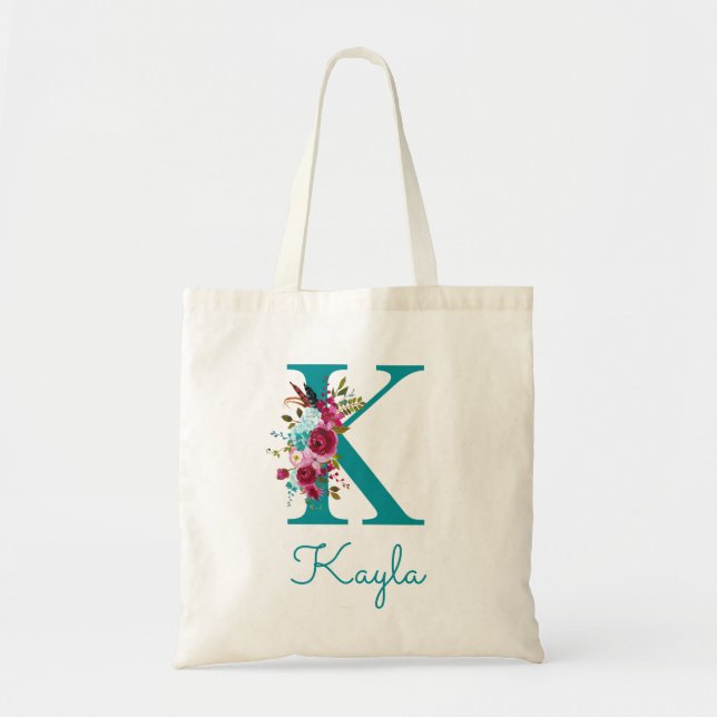 Bolsa Tote Monograma de Letra K em Script Floral Teal Rosa (Frente)