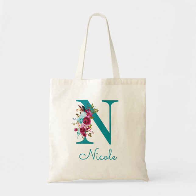 Bolsa Tote Monograma de Letra N em Script Floral Rosa Azul Tu (Frente)