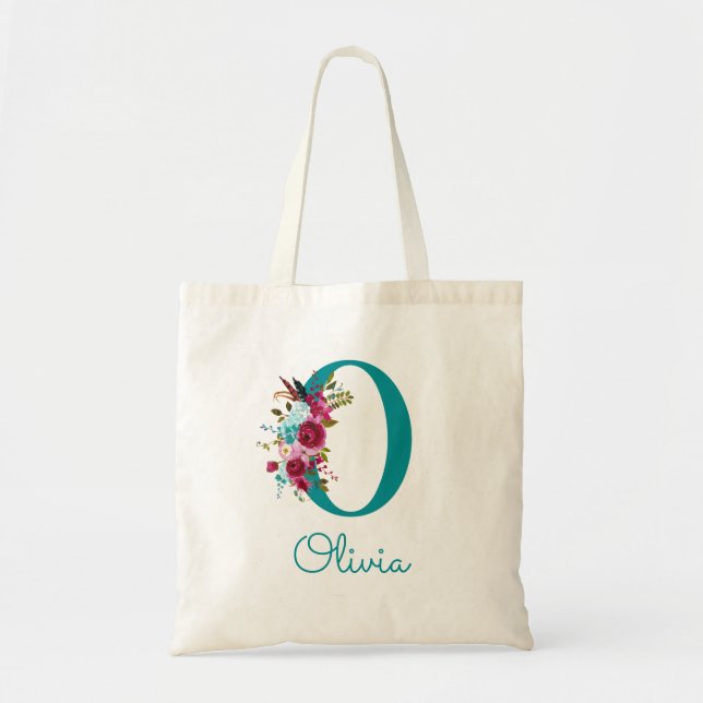 Bolsa Tote Monograma de Letra O com Floral em Script Teal Ros (Frente)