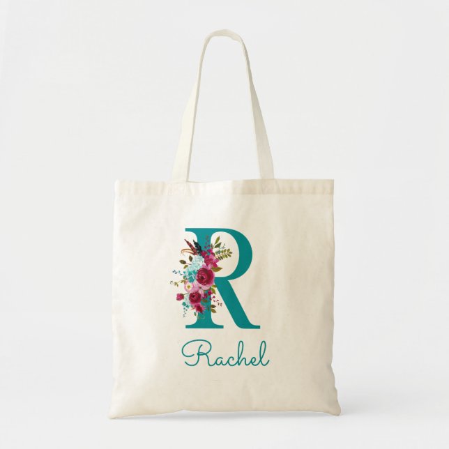 Bolsa Tote Monograma de Letra R em Script Floral Rosa Azul Tu (Frente)