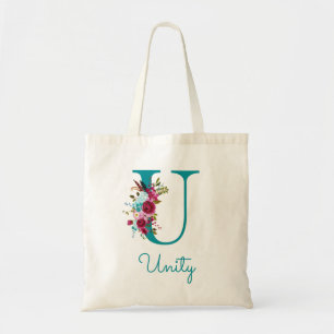 Bolsa Tote Monograma de Letra U em Script Floral Rosa Azul-cl