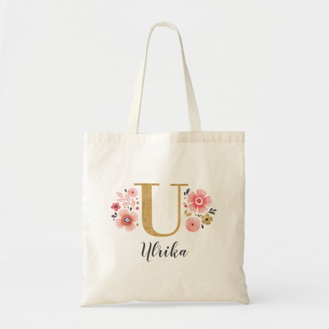 Bolsa Tote Monograma de letra "U" floral em ouro rosa (Frente)