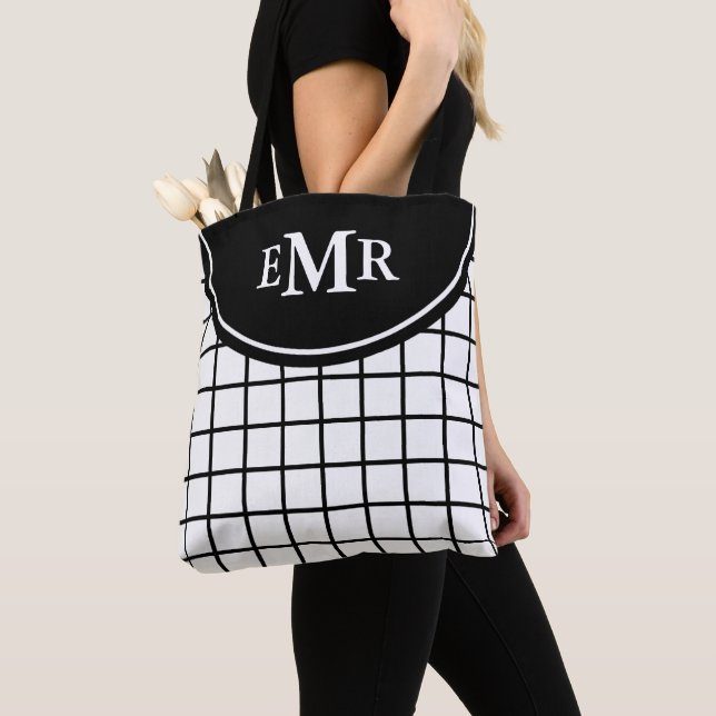 Bolsa Tote Monograma de Listra de Xadrez Preto e Branco Cláss (Close Up)