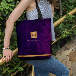 Bolsa Tote Monograma de luxo elegante de ouro, roxo moderno