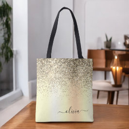 Bolsa Tote Monograma de Metal Brilho Dourado Nome Glam