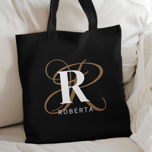Bolsa Tote Monograma de Nome de Script Dourado Preto Na moda (Criador carregado)