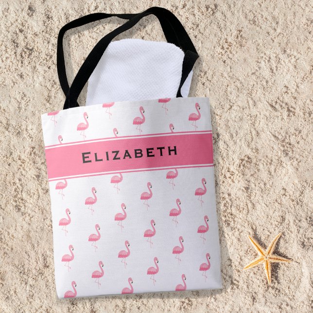 Bolsa Tote Monograma de nome estiloso e fofo de flamingo rosa (Criador carregado)