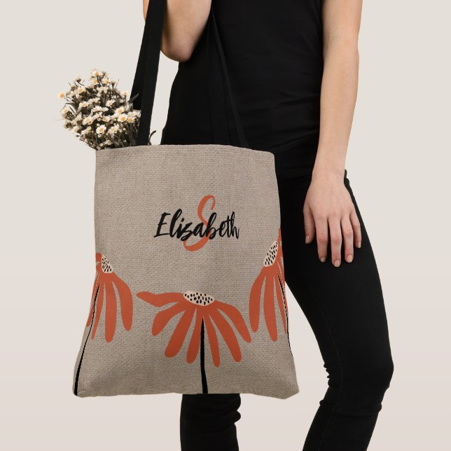 Bolsa Tote Monograma de Nome Floral Rústico Laranja Preto Beg (Close Up)