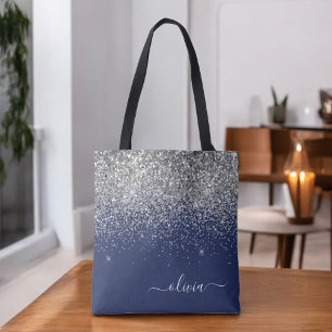 Bolsa Tote Monograma de Nome Glitter Azul Marinho Prateado Fe