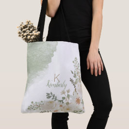 Bolsa Tote Monograma de Nome Inicial Floral Branco Elegante