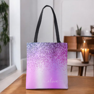 Bolsa Tote Monograma de Nome Luxuoso Menina Brilho Roxo