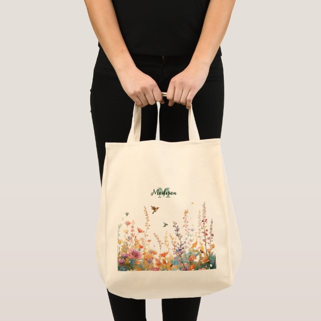 Bolsa Tote Monograma de Nome Personalizado com Flores Silvest (Frente (produto))