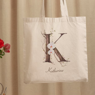 Bolsa Tote Monograma de Nome Personalizado 'K' da Orquídea Fl