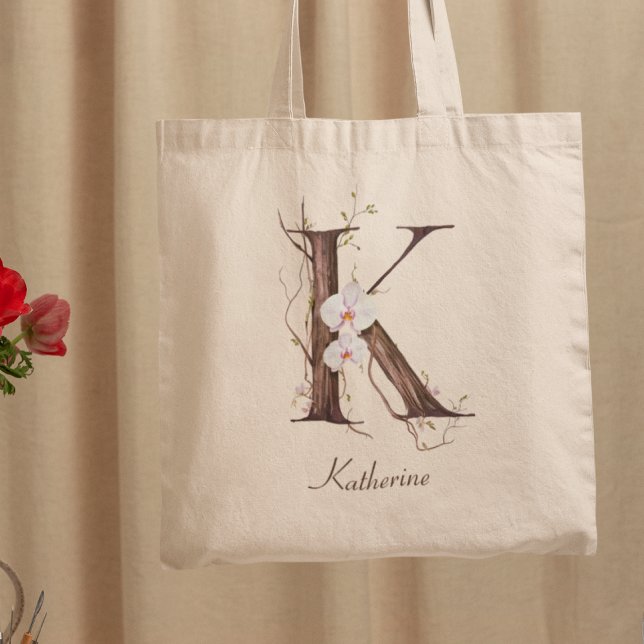 Bolsa Tote Monograma de Nome Personalizado 'K' da Orquídea Fl (Criador carregado)