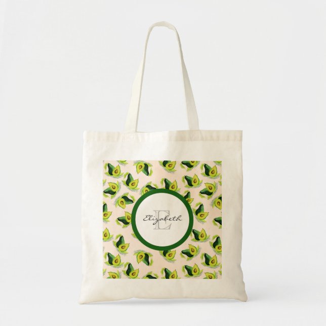 Bolsa Tote Monograma de Padrão de Aquarela Verde Avocados (Frente)