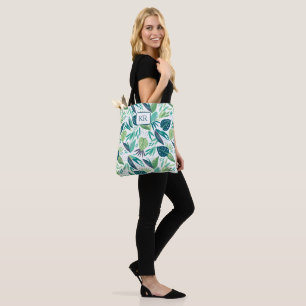 Bolsa Tote Monograma de Padrão de Folheto Verde e Branco