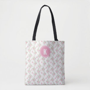 Bolsa Tote Monograma de Padrão de Rosas Rosa Elegante