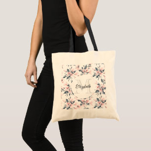 Bolsa Tote Monograma de Padrão Flor de Aquarela Rosa e Cinza