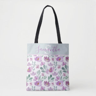 Bolsa Tote Monograma de Padrão Floral de Aquarela Rústica