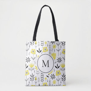 Bolsa Tote Monograma de Padrão Floral Escandinavo Amarelo