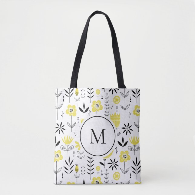 Bolsa Tote Monograma de Padrão Floral Escandinavo Amarelo (Frente)