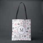 Bolsa Tote Monograma de Padrão Floral Escandinavo Rosa<br><div class="desc">Saco de tota monograma,  inspirado na escandinávia,  com padrão floral preto e rosa. Personalize adicionando seu monograma. Este saco floral é perfeito para um presente personalizado. Itens correspondentes estão disponíveis.</div>